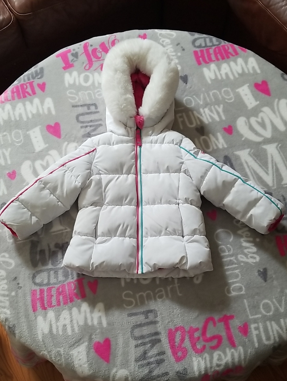 Snozu Winter White Puffer Jacket with Hot Pink and Teal Accents Size 2T